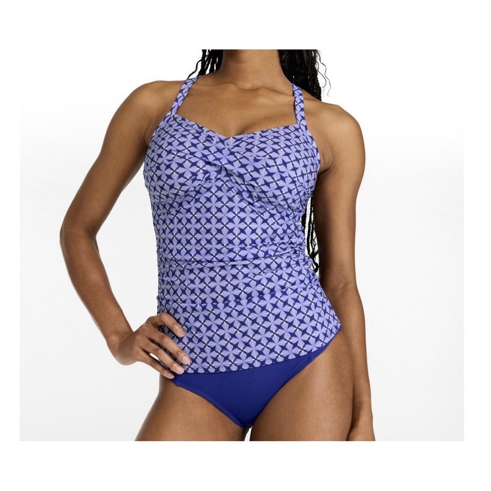 LL Bean Tankini Top 8 Swim Suit Blue Padded Shelf‎ Bra Adjustable Upf 50+
